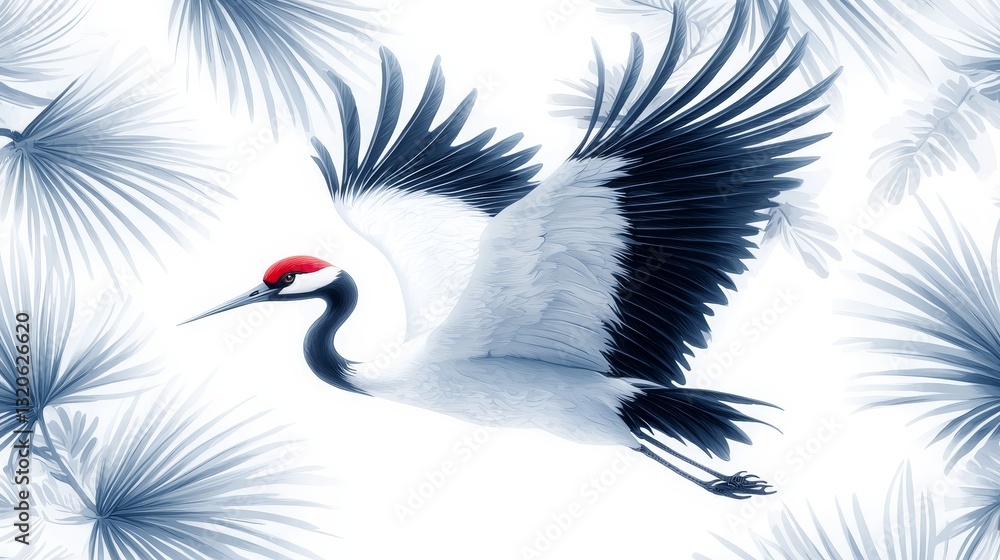 Fototapeta premium Tropical Toile de Jouy inspired pattern with elegant cranes, flowing river motifs, and intricate palm details in classic blue and white