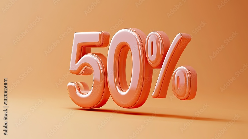 A striking three-dimensional fifty percent symbol stands out against a light orange background, creating a vibrant and modern visual impact A striking three-dimensional fifty percent symbol stands out against a light orange background, creating a vibrant and modern visual impact