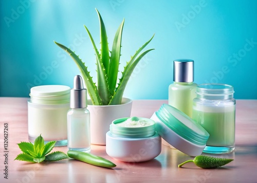 Aerial View of Aloe Vera Care Products Arranged on Pastel Background