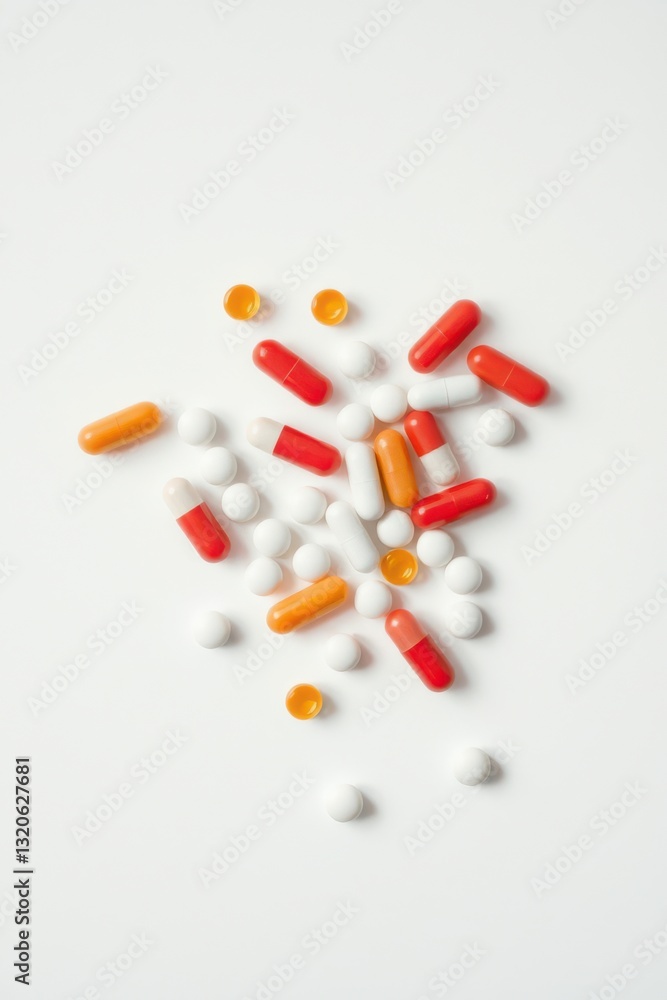 Variety of pills on white background. Red, white, and orange medicine in capsules and tablets scattered. Variety of pills on white background. Red, white, and orange medicine in capsules and tablets scattered.
