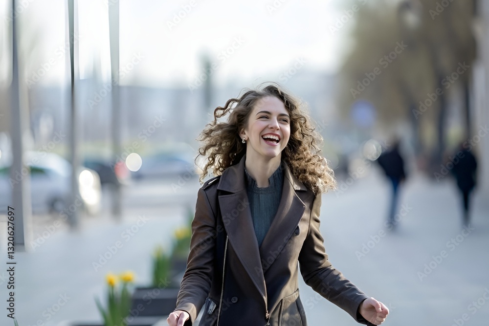 Joyful Young Woman Walking in Bustling City Street | Urban Happiness & Fashion Joyful Young Woman Walking in Bustling City Street | Urban Happiness & Fashion