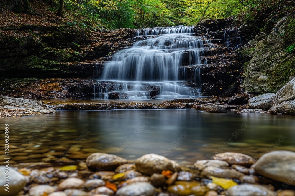 Fototapeta premium Flowing Harmony in Nature's Tranquil Embrace Near a Serene Waterfall. Generative AI