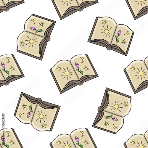 Hand drawn seamless pattern with magical books in vintage beige tones