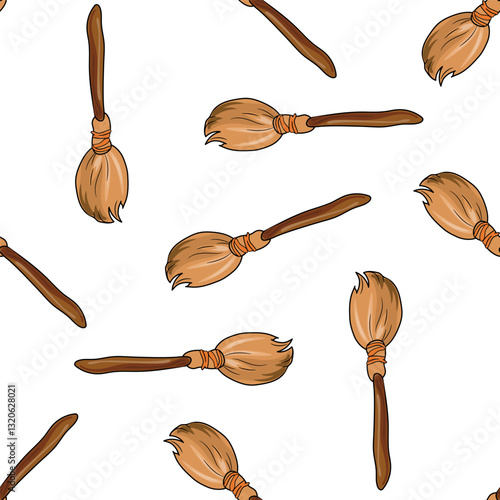 Hand drawn seamless pattern with witch brooms in rustic brown tones