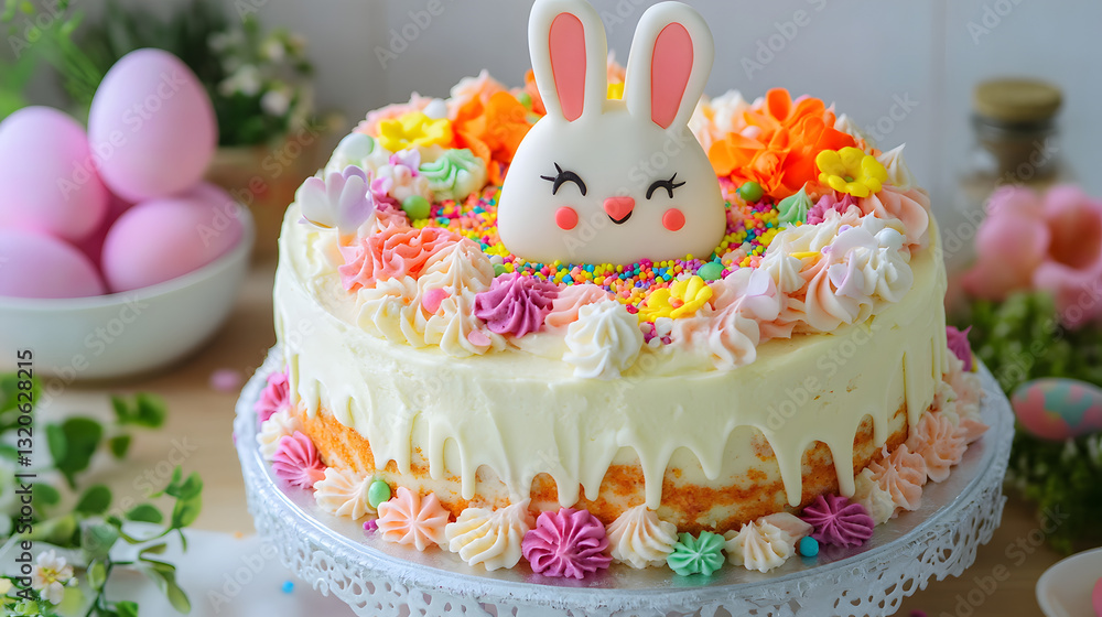 A beautiful carrot cake with a playful Easter bunny design, topped with colorful pastel icing, edible flowers, and sprinkles for decoration. A beautiful carrot cake with a playful Easter bunny design, topped with colorful pastel icing, edible flowers, and sprinkles for decoration.