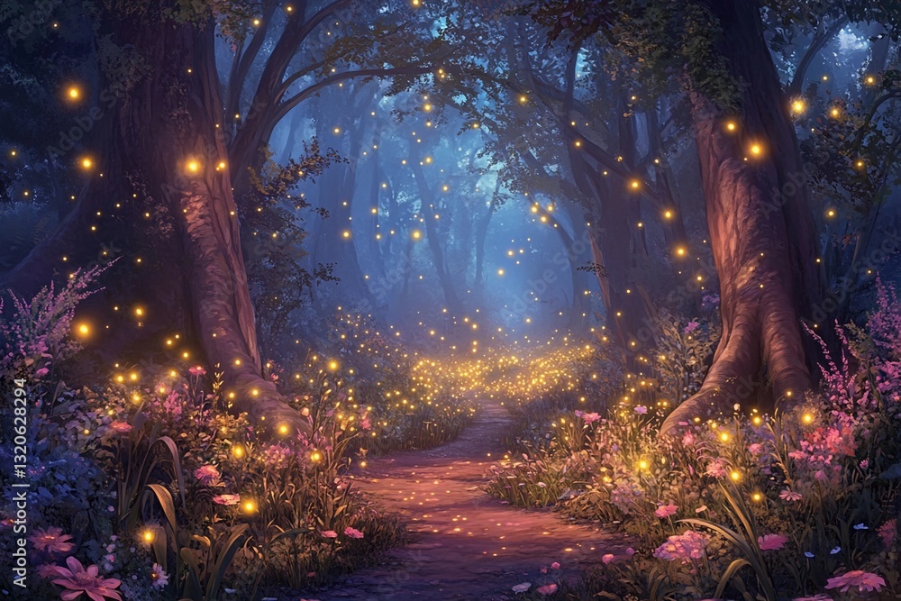 Magical Evening in a Forest Illuminated by Dancing Fireflies. Generative AI Magical Evening in a Forest Illuminated by Dancing Fireflies. Generative AI