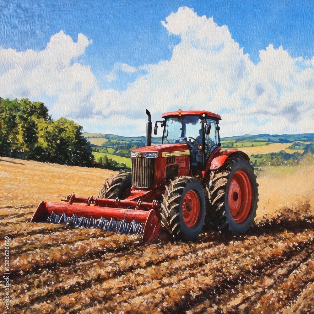 Fototapeta premium Red tractor plowing farmland