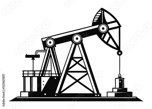 Black and White Oil Pump Jack Silhouette Vector Illustration