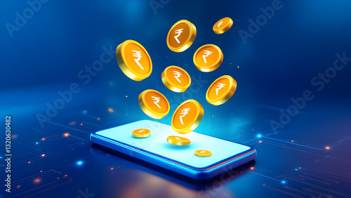 Wallpaper Mural Digital Payment and Online Currency Transfer Concept – 3D Illustration of Indian Rupee Coins Emerging from Smartphone on Futuristic Financial Technology Background Torontodigital.ca