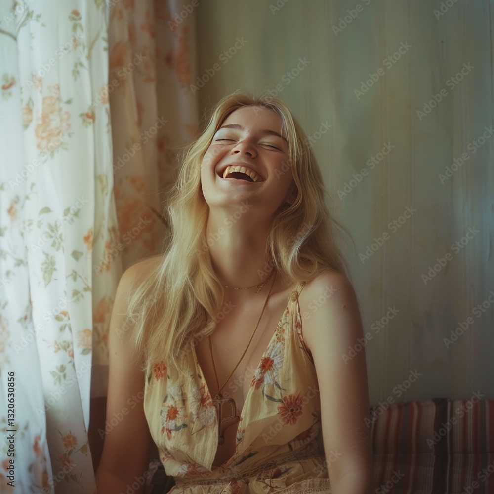 Fototapeta premium Young blonde woman with long wavy hair laughing in nature, wearing a cozy brown sweater. Her joyful expression and the autumn foliage create a warm and relaxed outdoor atmosphere.