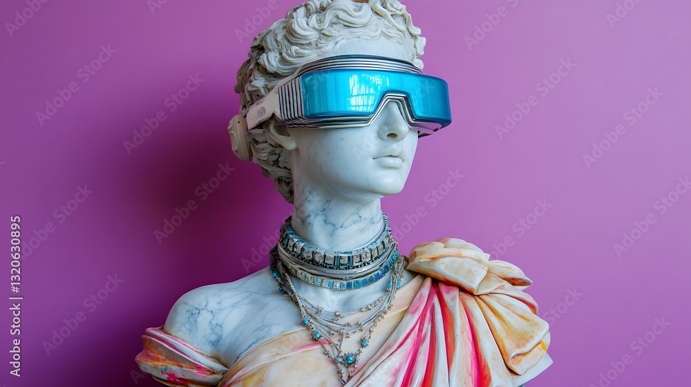 Fototapeta premium A modern reinterpretation of a classical statue wearing futuristic VR goggles against a vibrant pink backdrop