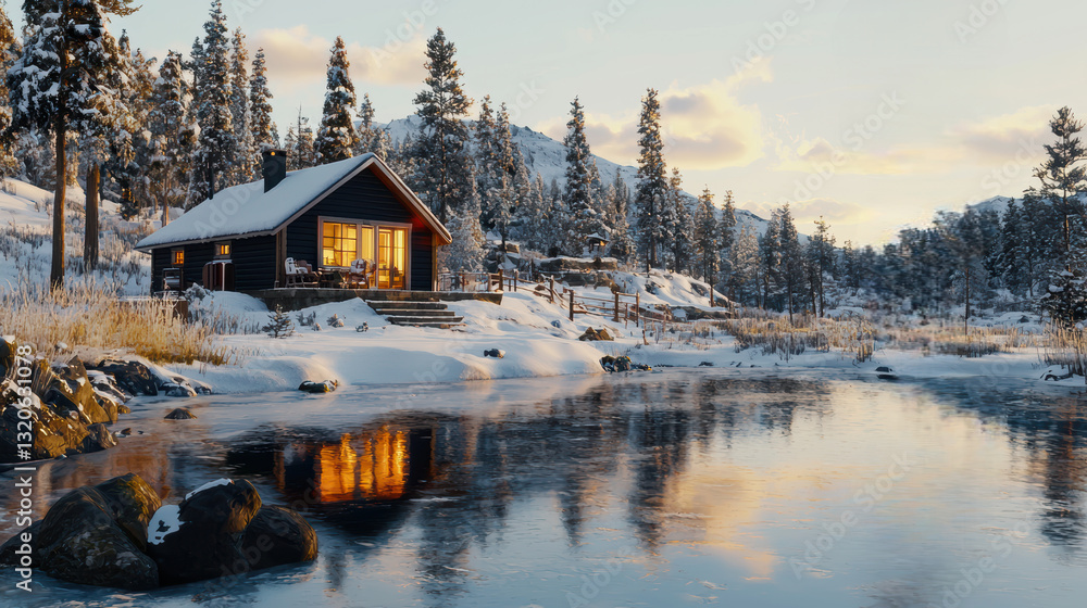 Fototapeta premium serene winter landscape featuring cozy cabin by frozen lake, surrounded by snow covered trees and mountains