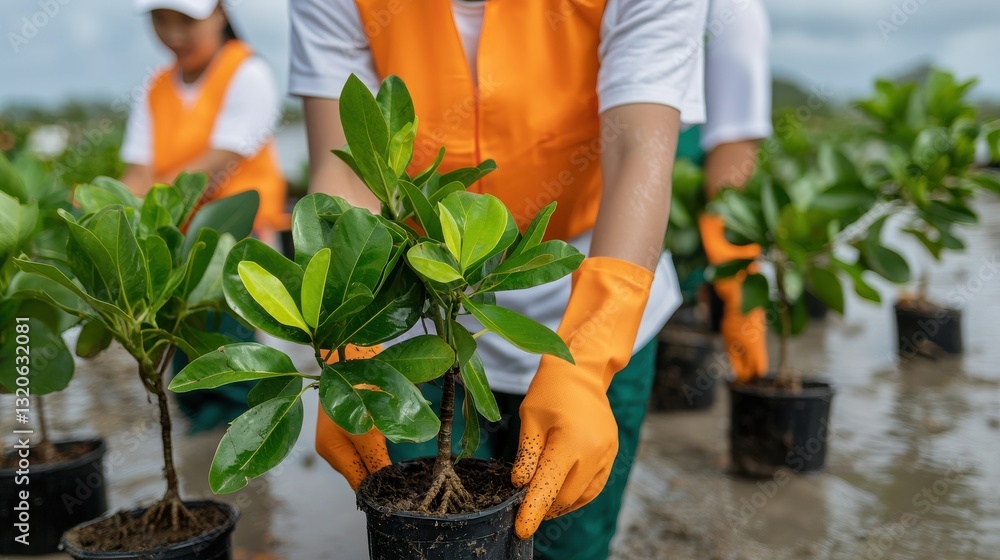 Fototapeta premium Volunteers plant young trees to restore the environment and promote sustainability in a community initiative.