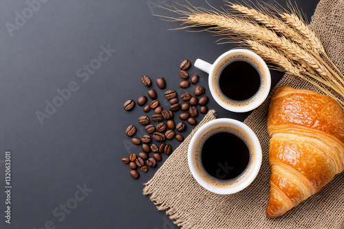 a cup of black coffee and a croissant on the table,