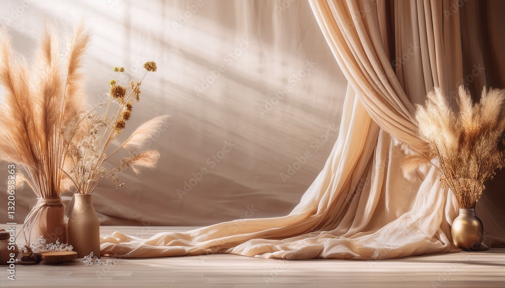 serene backdrop featuring soft drapes and dried flowers creating dreamy atmosphere serene backdrop featuring soft drapes and dried flowers creating dreamy atmosphere