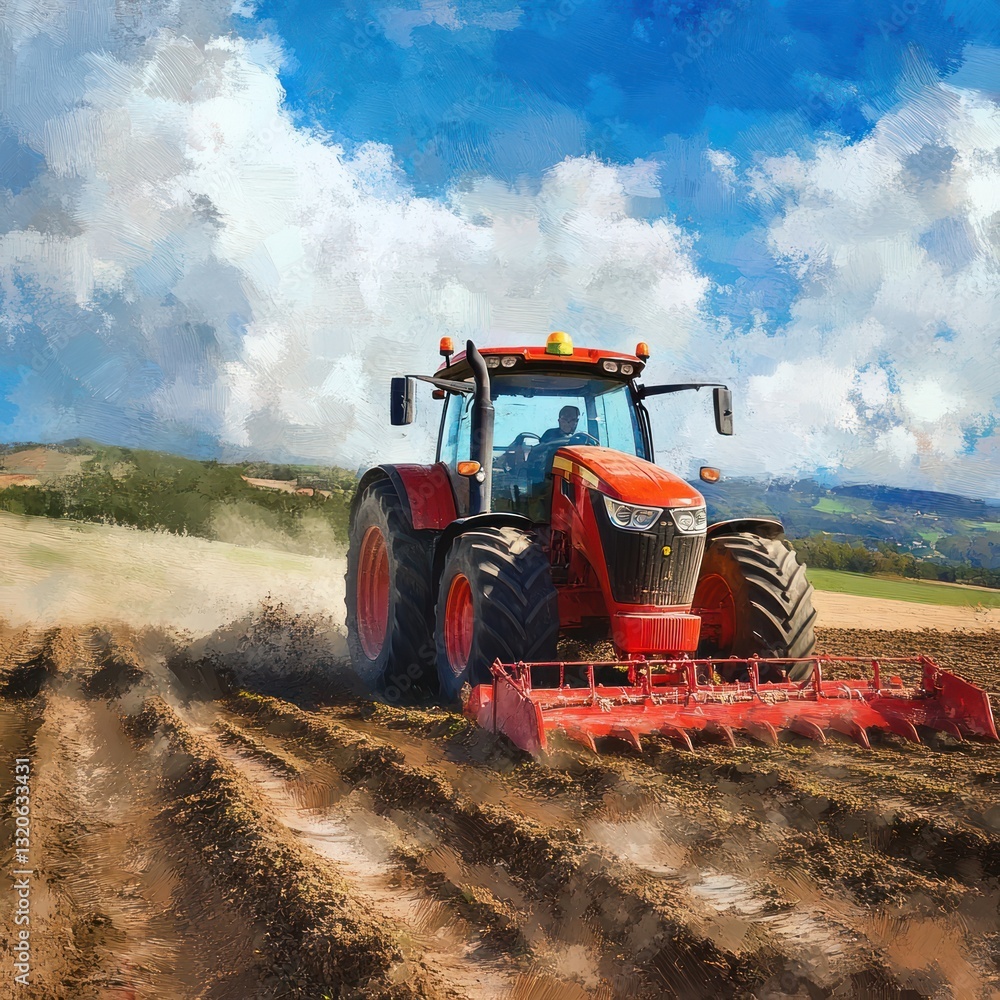Fototapeta premium Red tractor plowing farmland