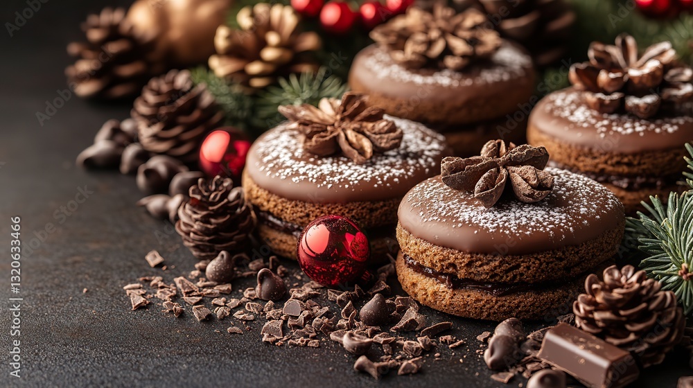 Christmas biscuits with chocolate and icing form a festive border. Christmas biscuits with chocolate and icing form a festive border.