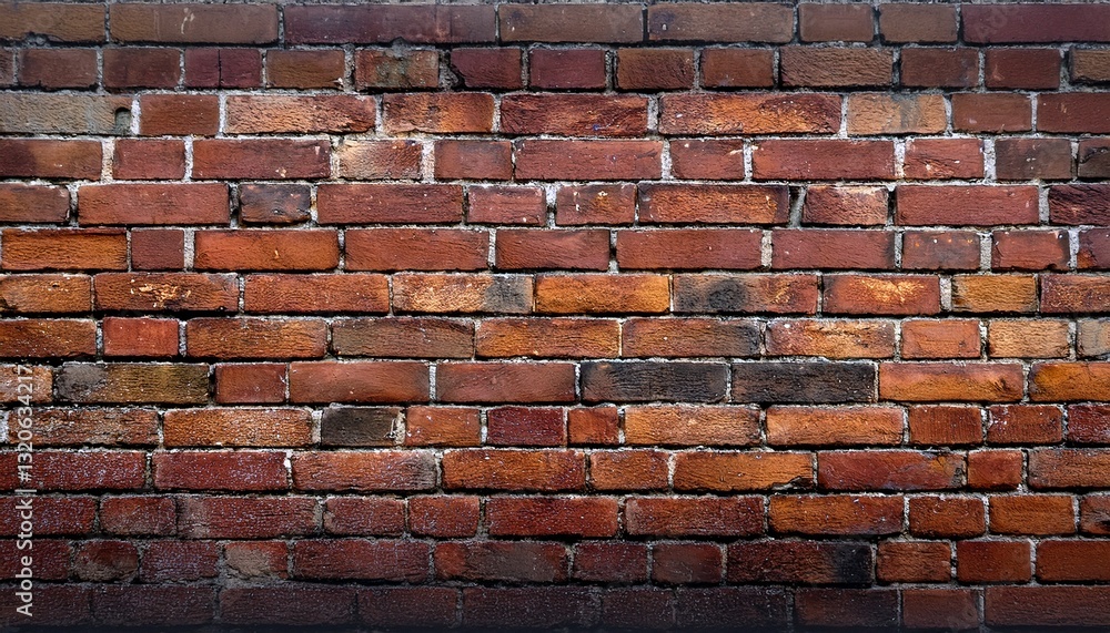 Obraz premium Old brick wall muted red-brown bricks with darkened mortar and a slight patina of fading