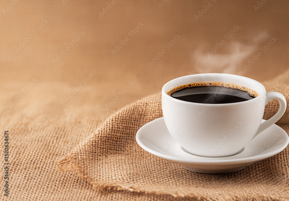 Fototapeta premium a cup of black coffee with steaming hot beans on the table,