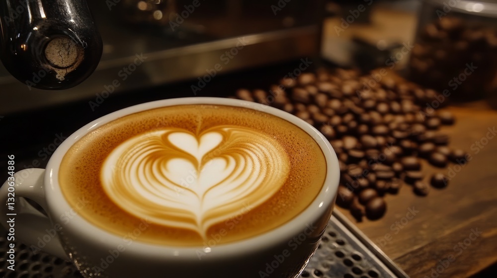 Close-up of a cappuccino with delicate latte art, coffee beans elegantly arranged in the background
Close-up of a cappuccino with delicate latte art, coffee beans elegantly arranged in the background
