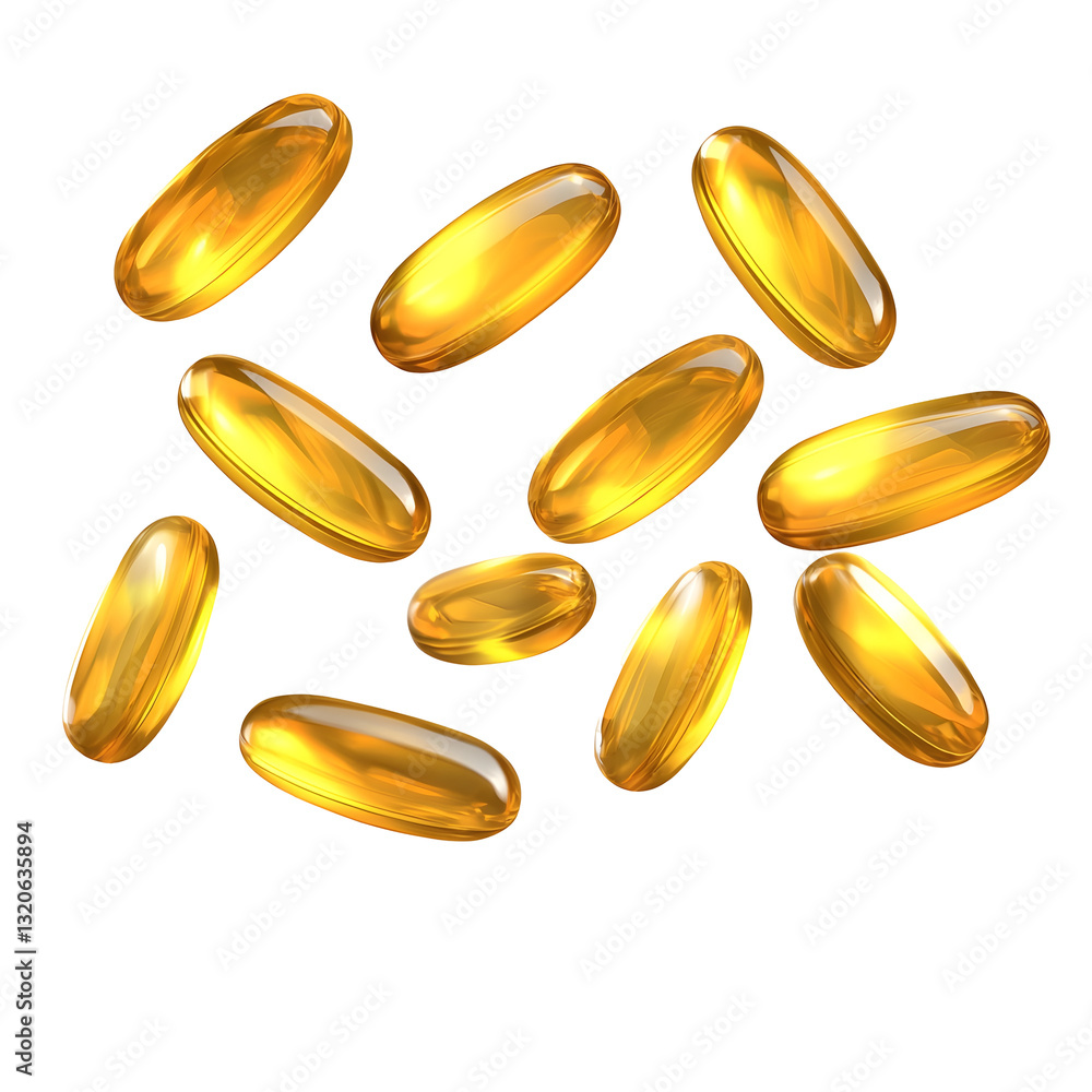 A close up image of falling fish oil supplements emphasizing their glossy semi transparent texture and natural golden glow floating in mid air on a transparent background A close up image of falling fish oil supplements emphasizing their glossy semi transparent texture and natural golden glow floating in mid air on a transparent background