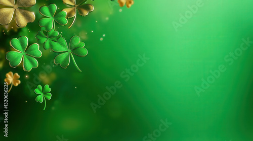 A soft glowing green background featuring golden and green shamrocks in the corner, creating a festive and luxurious St. Patrick’s Day theme.

