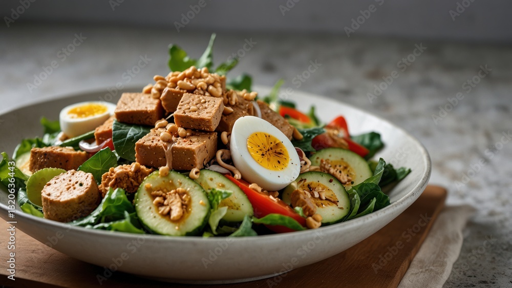 Colorful and appetizing salad with tofu, egg, cucumber, tomato, and greens in a ceramic bowl. Colorful and appetizing salad with tofu, egg, cucumber, tomato, and greens in a ceramic bowl.
