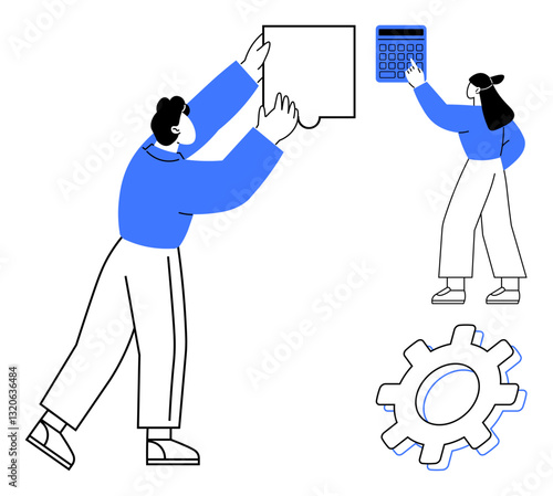 Two individuals engaging in problem-solving, one holding a puzzle piece, the other using a calculator, next to a cogwheel. Ideal for cooperation, strategy, collaboration, team planning, innovation