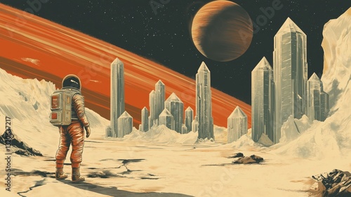 Retro-futuristic sci-fi illustration of astronaut exploring alien city