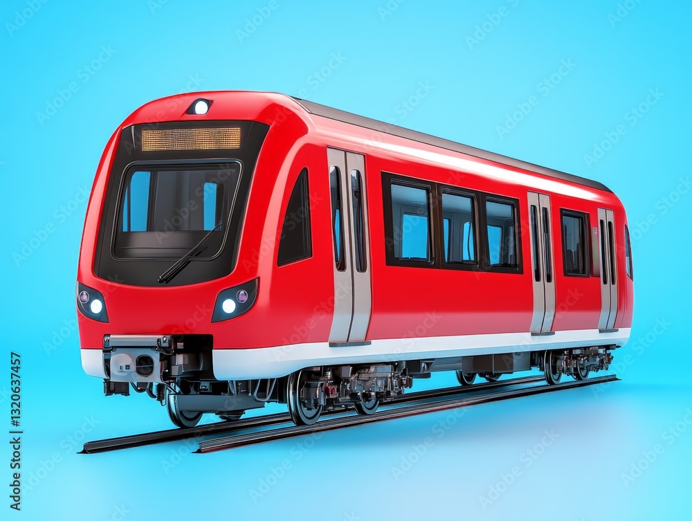 Modern red metro train with large windows on blue background symbolizing futuristic urban commuting efficient public transit and high tech railway systems Modern red metro train with large windows on blue background symbolizing futuristic urban commuting efficient public transit and high tech railway systems