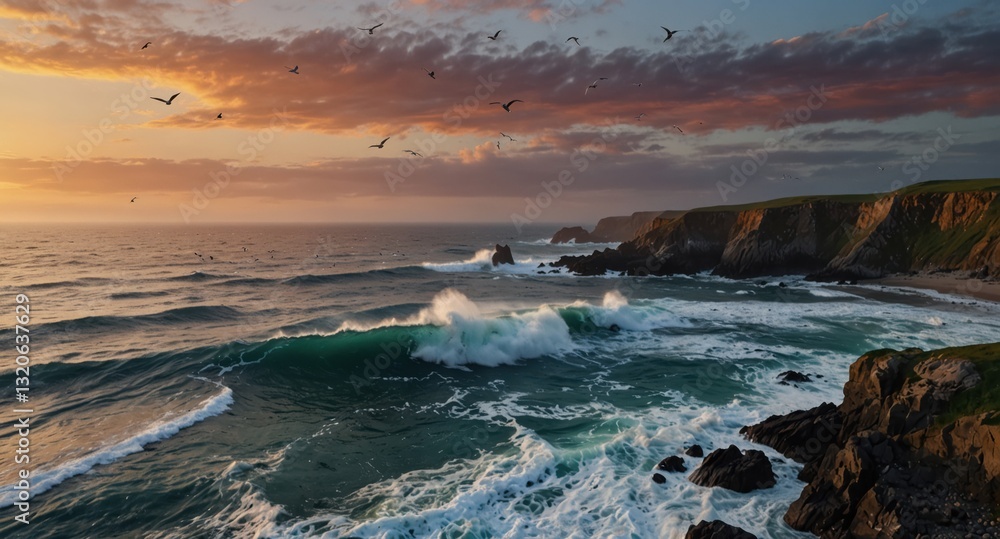Coastal waves crash against cliffs under a vibrant sunset sky with birds in flight over the ocean. Coastal waves crash against cliffs under a vibrant sunset sky with birds in flight over the ocean.
