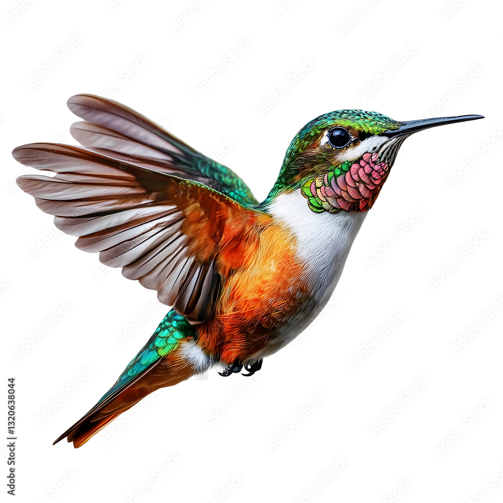 Fototapeta premium Graceful and lively hummingbird with vibrant shimmering feathers reflecting shades of green orange and blue mid flight with wings slightly blurred floating on a transparent background