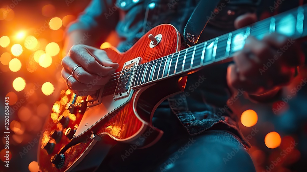 Naklejka premium Close-up of a musician's hands skillfully playing electric guitar on stage in warm backlight glow, a musical performance.