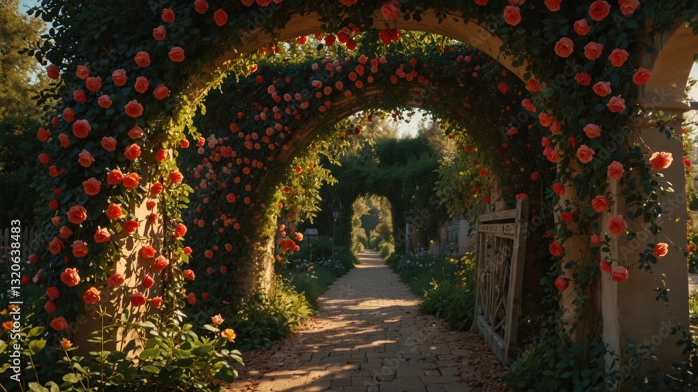 Fototapeta premium A picturesque garden path with arches adorned with roses, creating a romantic and enchanting atmosphere.