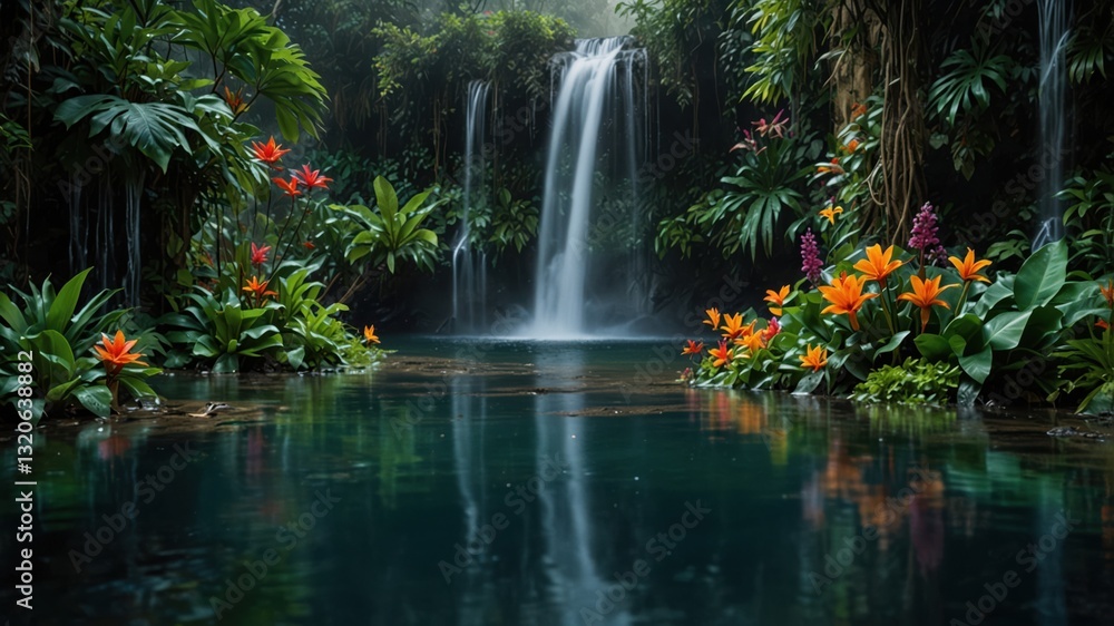 Naklejka premium Waterfall cascading into tranquil pool amidst lush tropical foliage, vibrant blooms add striking color.