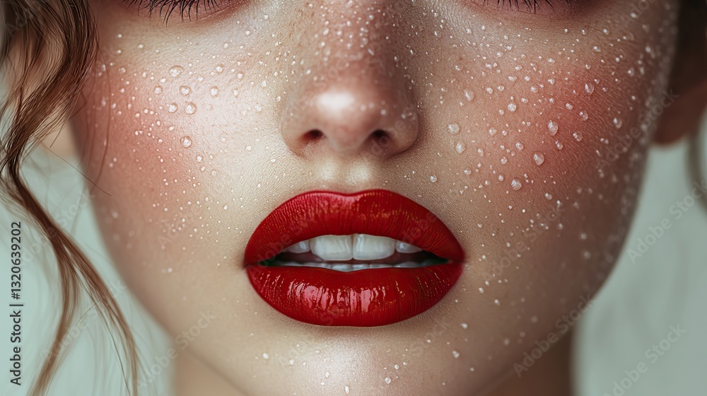 Naklejka premium Close-up of full lips with lipstick, emphasizing natural beauty and pouty glamorous look.