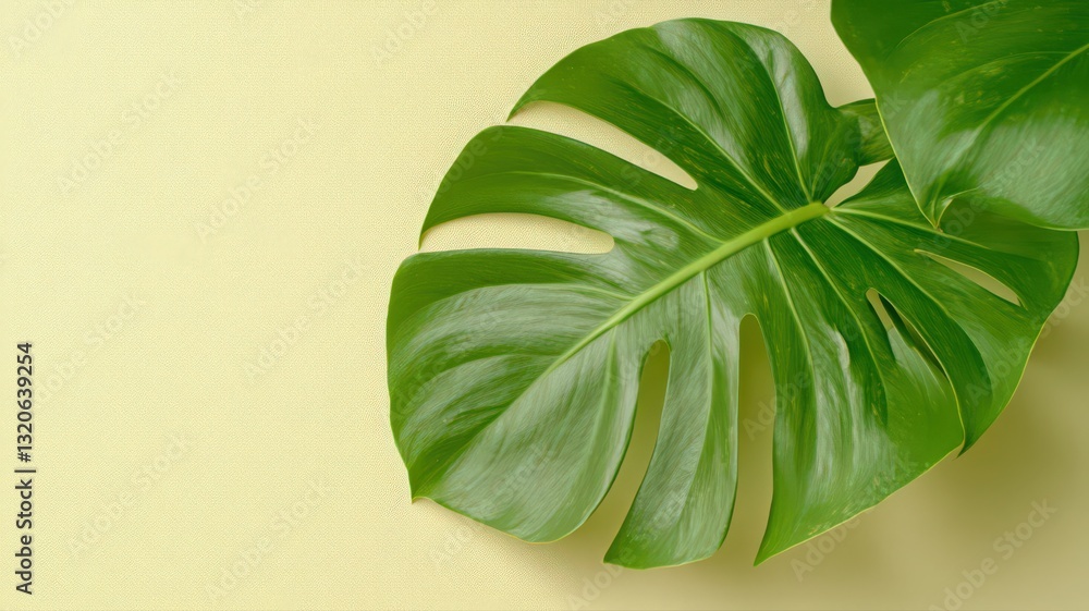Fototapeta premium Lush Green Monstera Leaf on Pale Yellow Textured Background