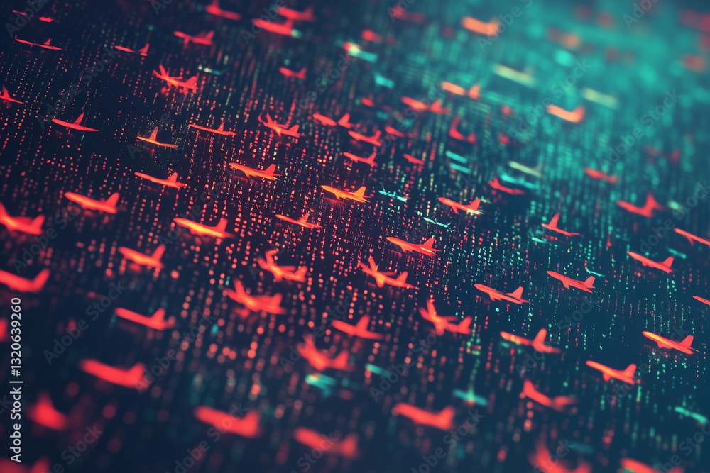 computer, code consisting of icons of little orange, green and red plane shapes in rows, aviation and aircraft industry concept, technology and IT background computer, code consisting of icons of little orange, green and red plane shapes in rows, aviation and aircraft industry concept, technology and IT background