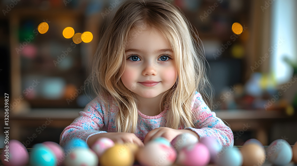 Fototapeta premium Smiling little girl admiring colorful eggs