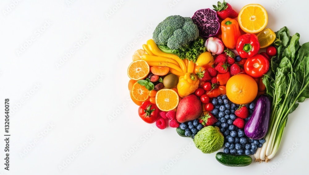 Colorful array of fresh fruits and vegetables on white background