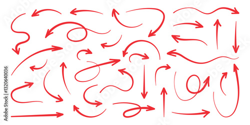Squiggly red arrow set. Hand drawn chalk elements in flat style. Doodle movement spiral arrows, scribble, lines. Pencil brush for icon, sketch. Children vector illustration on white background.