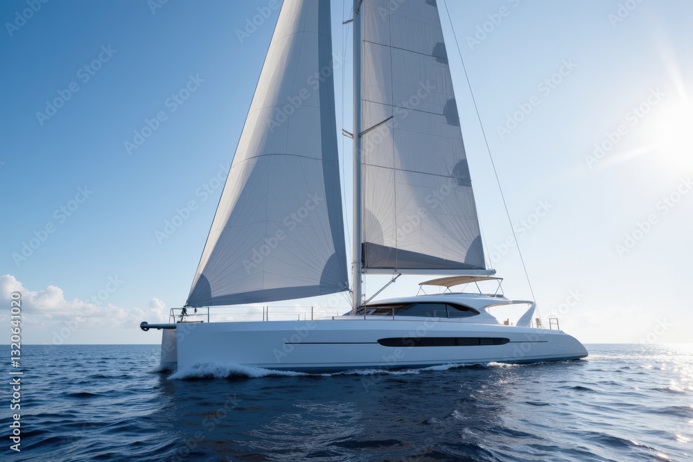 Obraz premium A White Catamaran Sailing Smoothly Across a Clear Blue Ocean Under a Bright Sky with Fluffy Clouds, Captured During a Calm and Sunny Day