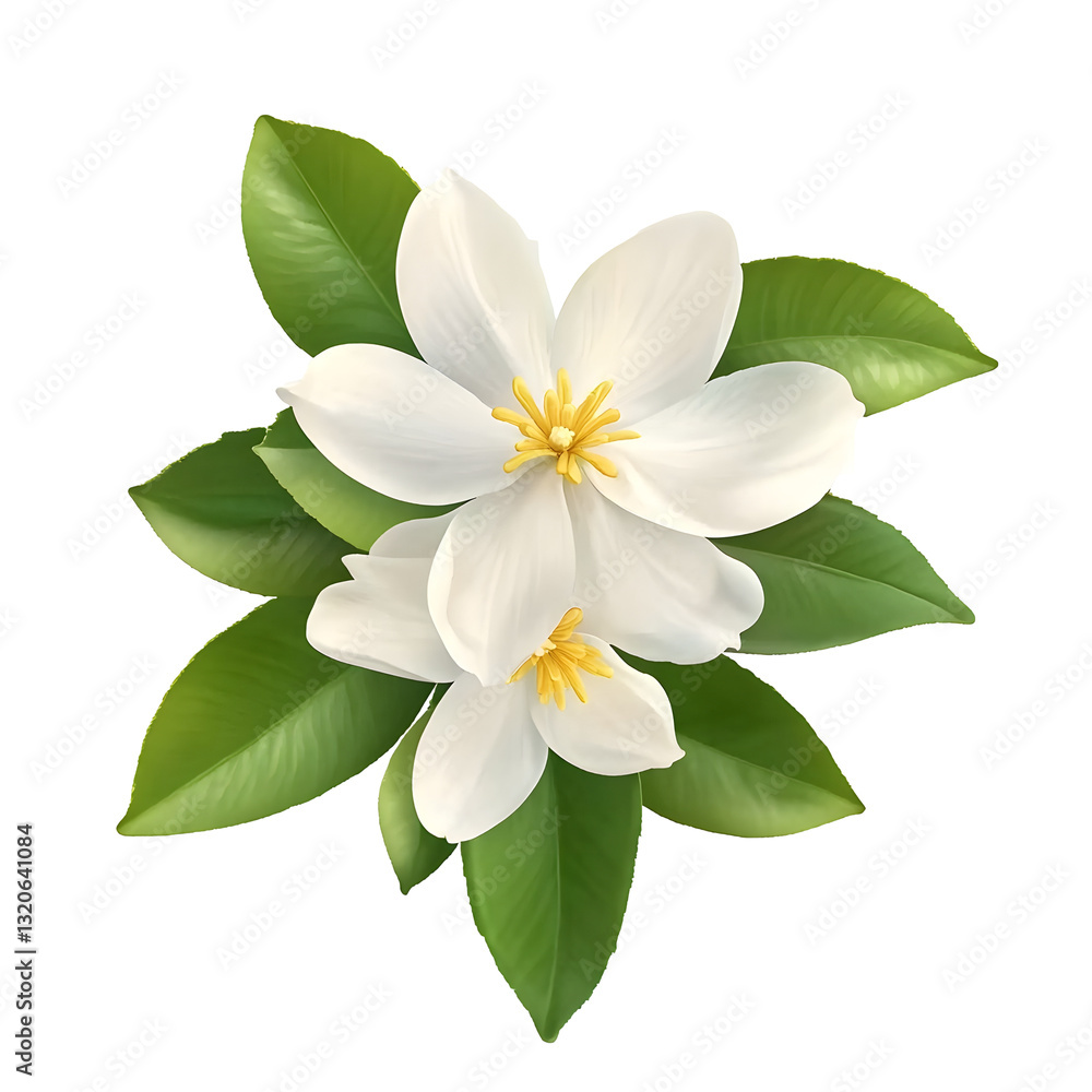 Fototapeta premium This stunning close up image showcases the exquisite beauty of a citrus flower with its pure white petals vibrant yellow pistil and lush green leaves