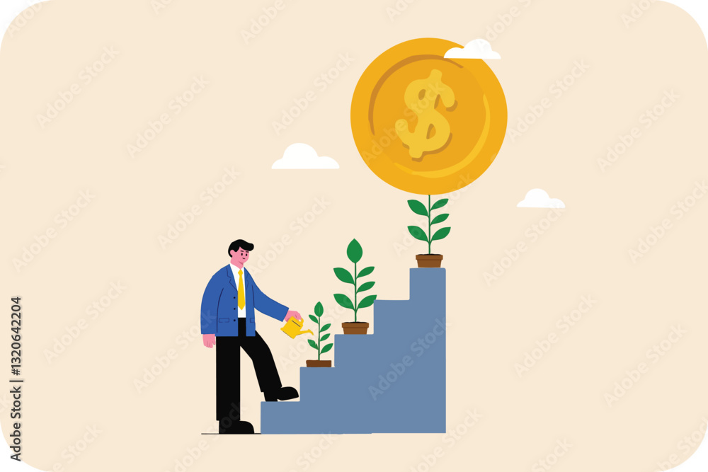 Obraz premium Businessman and business concept, smart businessman watering a flourishing money tree to get a giant doller coin