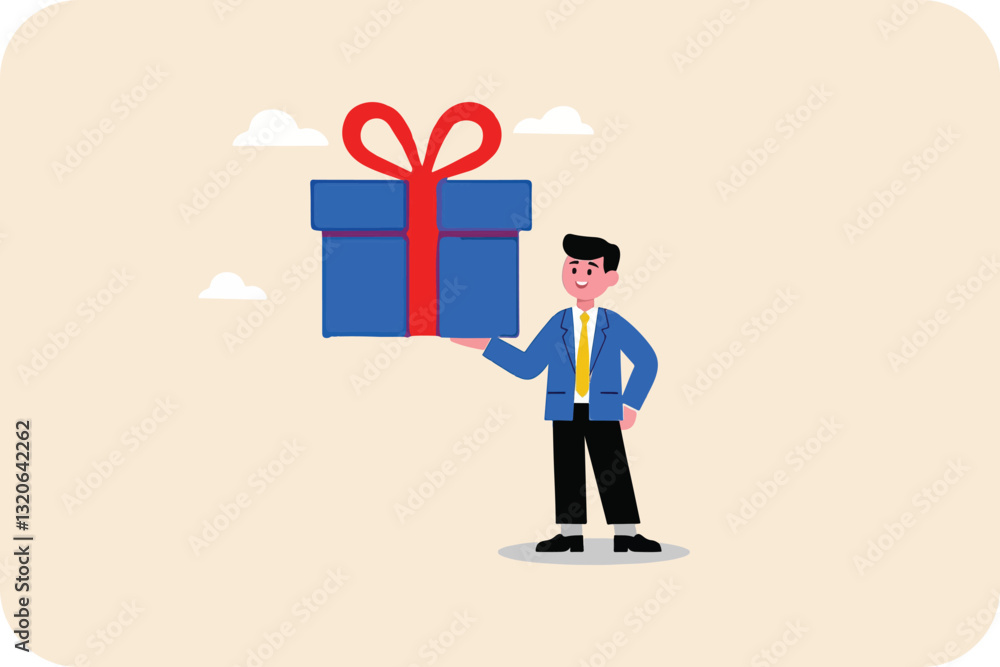 Businessman and business concept, smart businessman holding a giant gift box with his one hand Businessman and business concept, smart businessman holding a giant gift box with his one hand