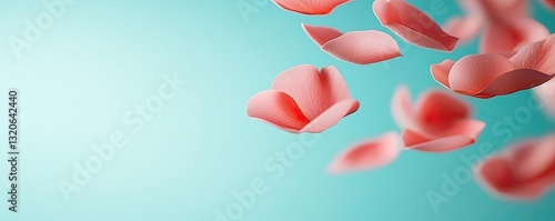 Pastel color illustration abstract background concept. Beautiful pink flower petals gently floating against a serene turquoise background.