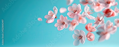Pastel color illustration abstract background concept. Delicate pink flowers floating gracefully against a tranquil turquoise background.