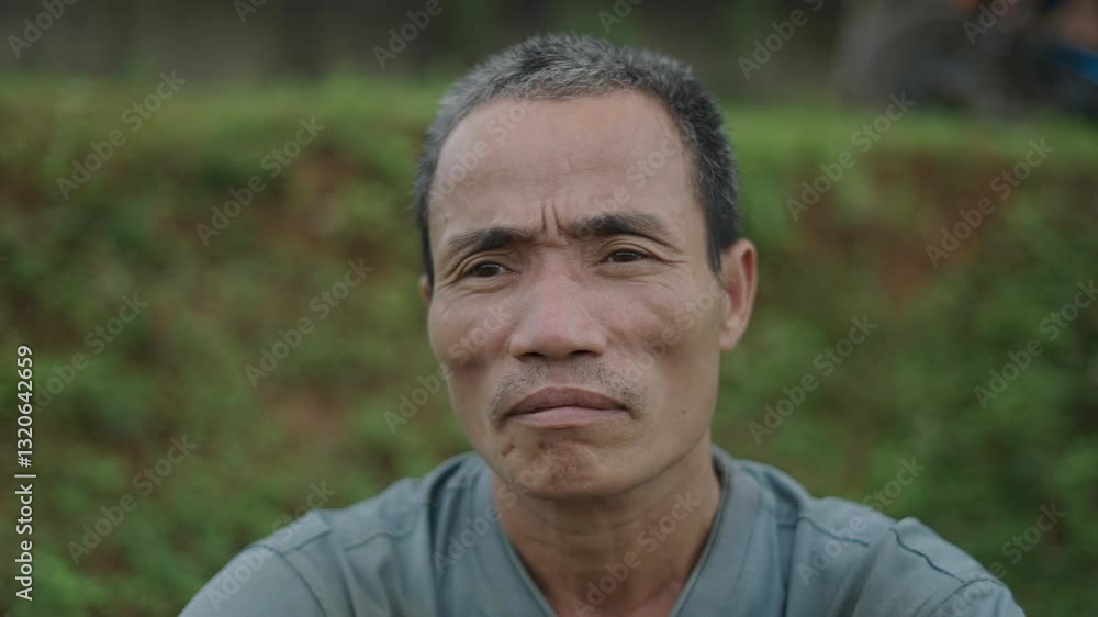 portrait of a serious motionless asian shepherd's face looking at camera in vietnam portrait of a serious motionless asian shepherd's face looking at camera in vietnam