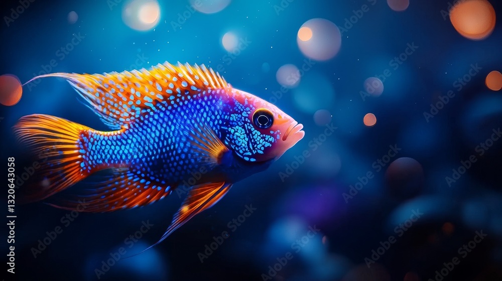 Fototapeta premium A colorful cichlid fish with intricate patterns on its fins, illuminated by holographic lighting in a surreal fantasy underwater world with shimmering orbs