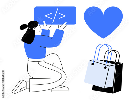 Woman kneeling, holding code sign overhead, adjacent to blue heart and shopping bags. Ideal for tech empowerment, e-commerce, work-life balance, online shopping, coding, female developers love